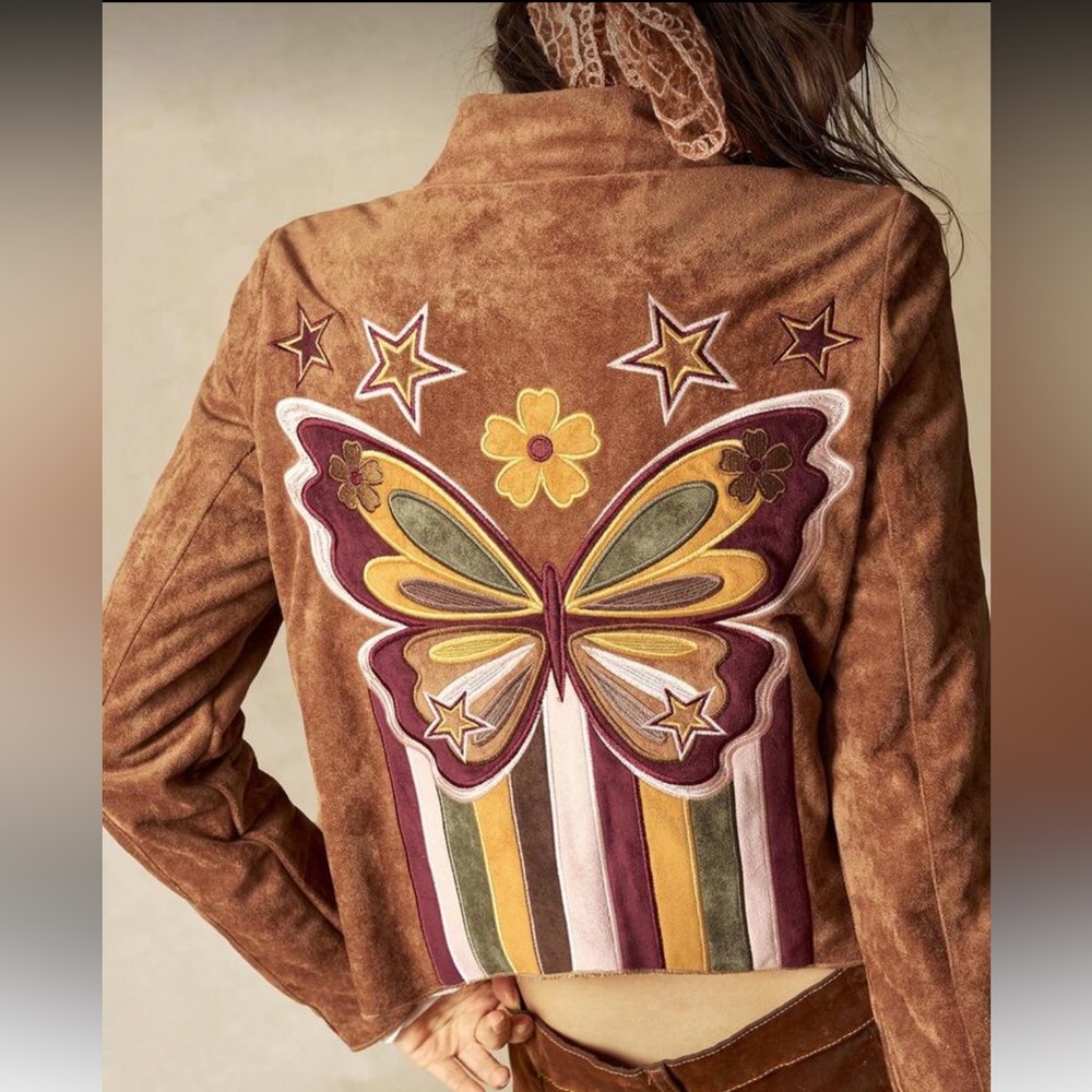 Brown vintage embroidered butterfly floral color block coat jacket tunic top - Picture 6 of 6